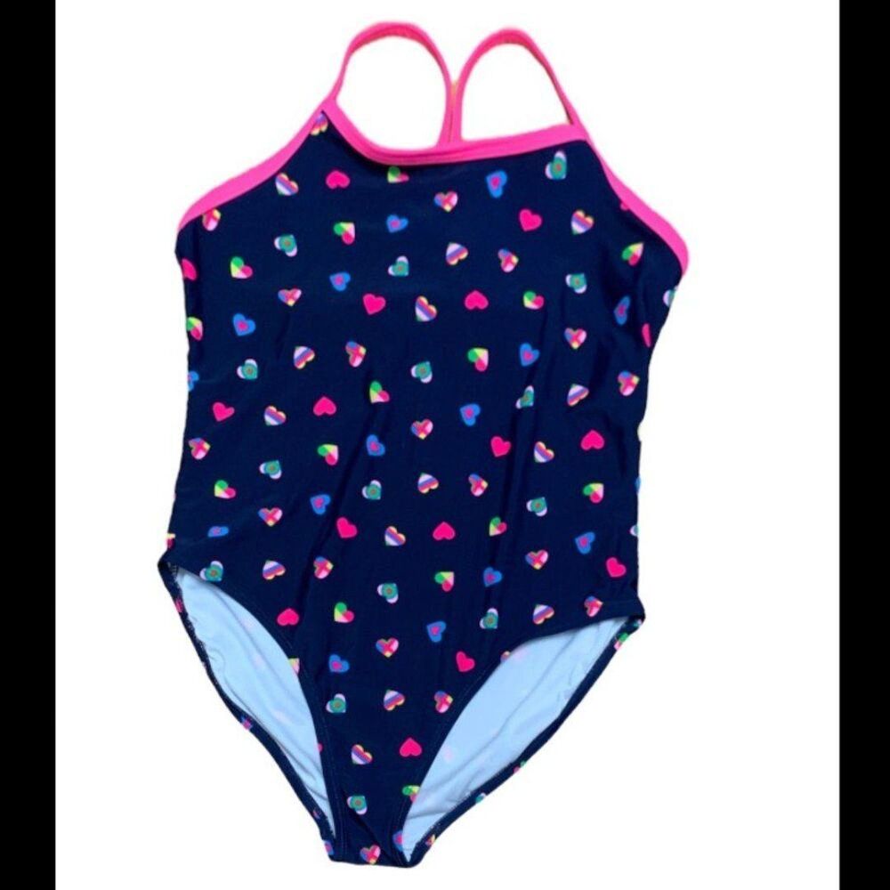 2/$20! OP Girls Deep Blue Colored Hearts All Over One Piece Bathing Suit Size XL